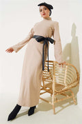 Leather Belted Corduroy Dress Beige