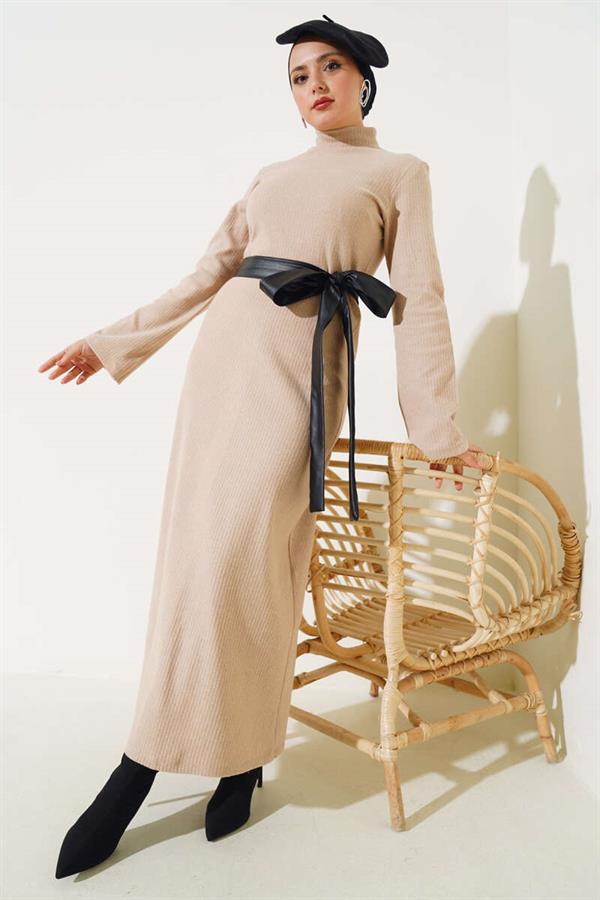 Leather Belted Corduroy Dress Beige