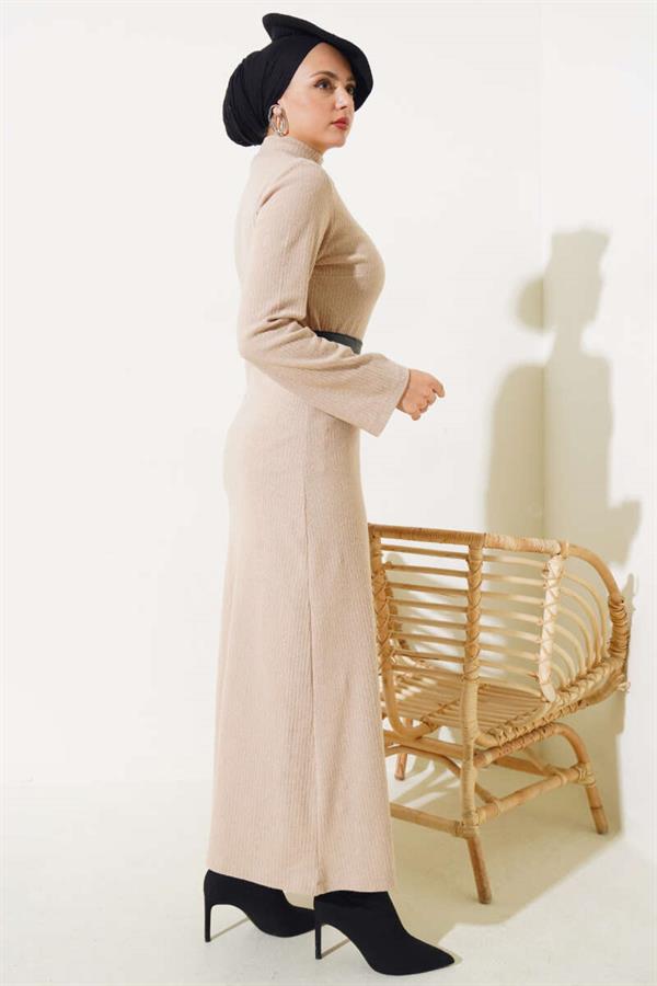 Leather Belted Corduroy Dress Beige