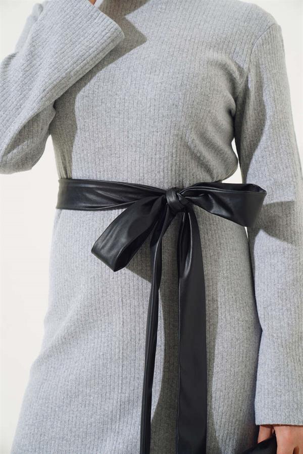 Leather Belted Corduroy Dress Gray