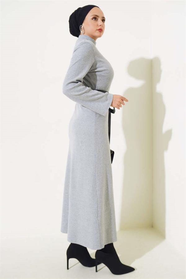 Leather Belted Corduroy Dress Gray