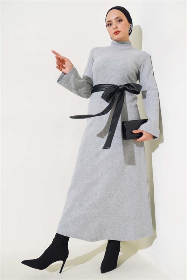 Leather Belted Corduroy Dress Gray