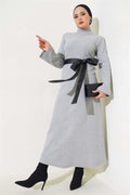 Leather Belted Corduroy Dress Gray
