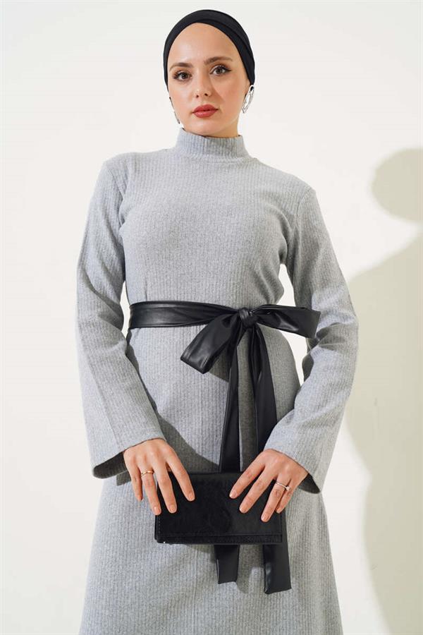 Leather Belted Corduroy Dress Gray