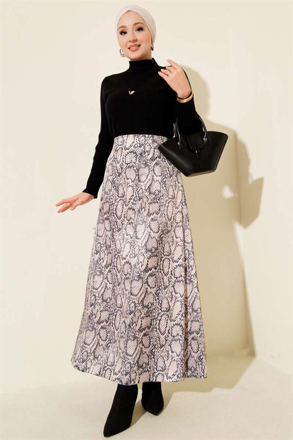 Patterned Detailed Satin Skirt Beige