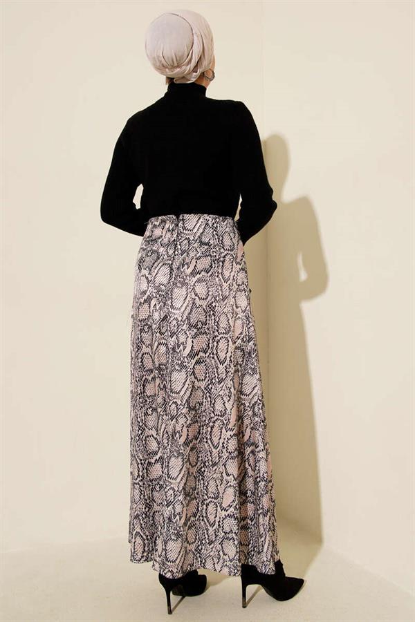 Patterned Detailed Satin Skirt Beige
