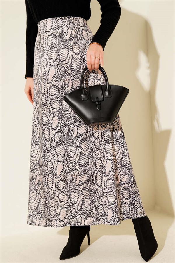 Patterned Detailed Satin Skirt Beige