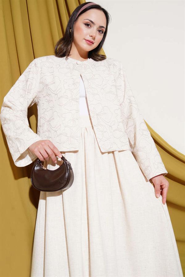 Pattern Embroidered Skirted Jacket 2 Piece Set Stone