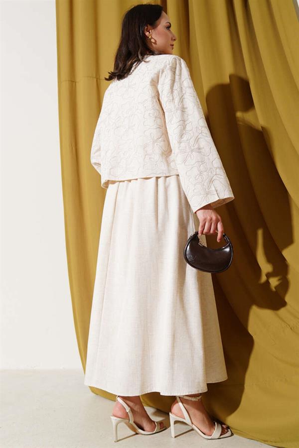 Pattern Embroidered Skirted Jacket 2 Piece Set Stone