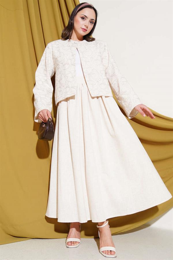 Pattern Embroidered Skirted Jacket 2 Piece Set Stone