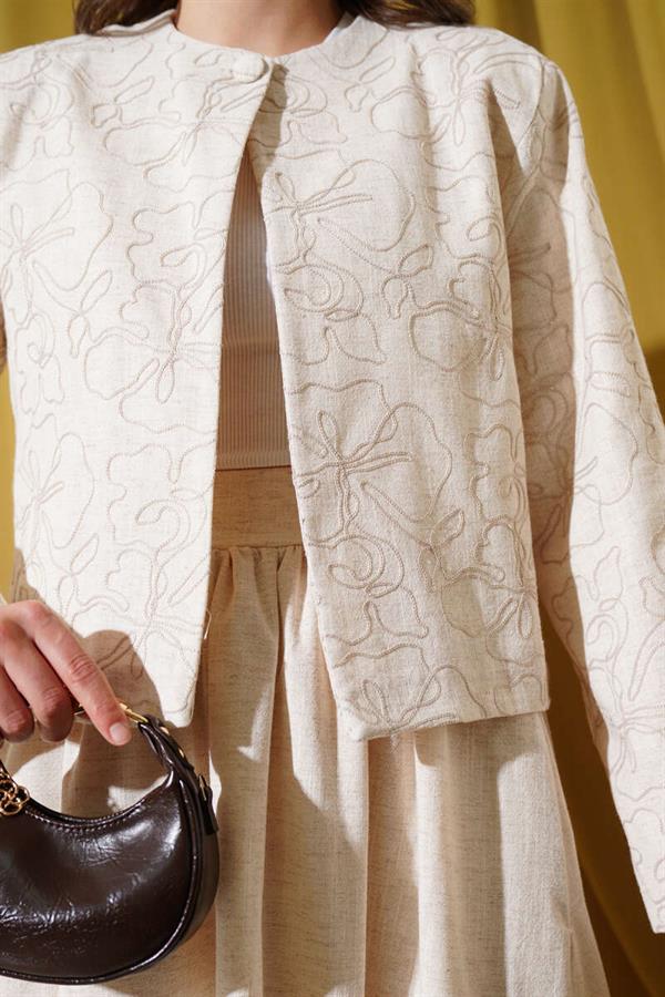 Pattern Embroidered Skirted Jacket 2 Piece Set Stone