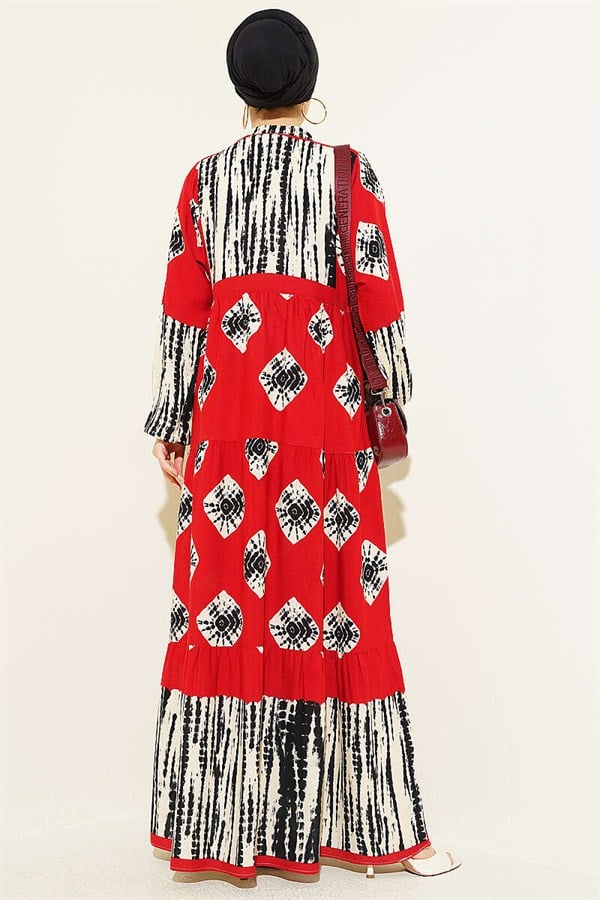 Patterned Ruffled Mandarin Collar Dress, Burgundy