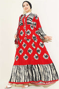 Patterned Ruffled Mandarin Collar Dress, Burgundy
