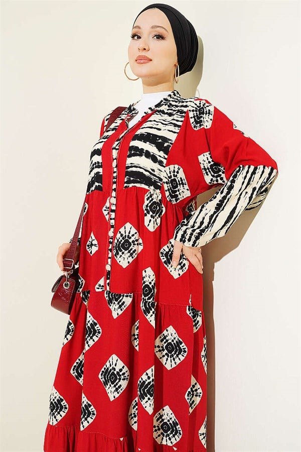 Patterned Ruffled Mandarin Collar Dress, Burgundy