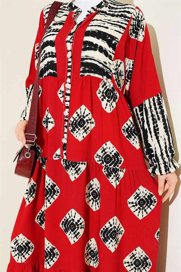 Patterned Ruffled Mandarin Collar Dress, Burgundy