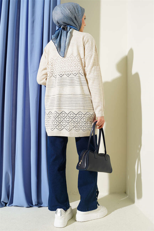 Patterned Openwork Basic Knit Cardigan, Beige