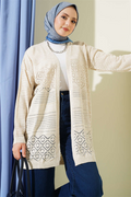 Patterned Openwork Basic Knit Cardigan, Beige