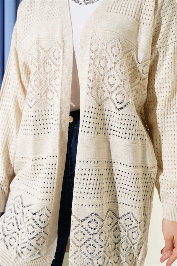 Patterned Openwork Basic Knit Cardigan, Beige
