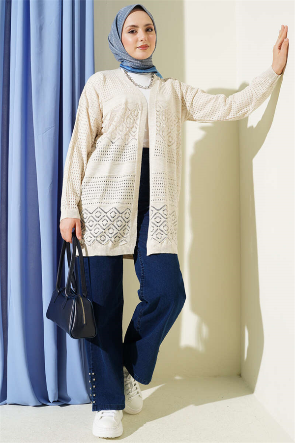 Patterned Openwork Basic Knit Cardigan, Beige