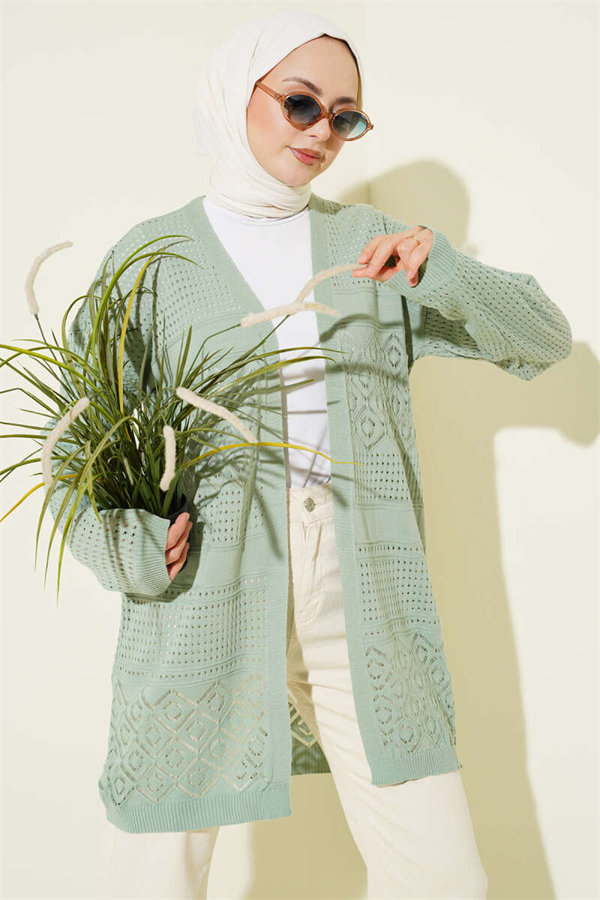 Patterned Openwork Basic Knit Cardigan, Light Green