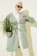 Patterned Openwork Basic Knit Cardigan, Light Green