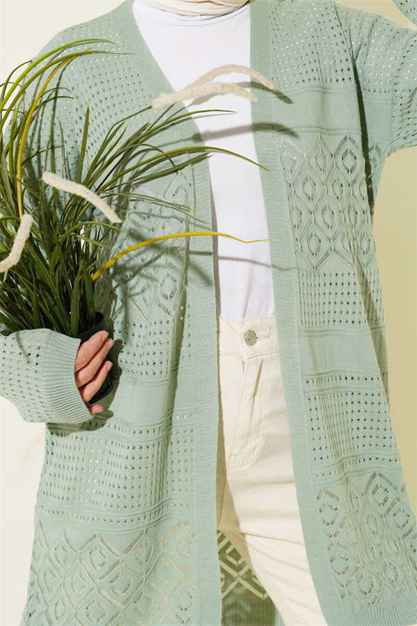 Patterned Openwork Basic Knit Cardigan, Light Green