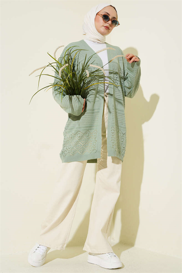 Patterned Openwork Basic Knit Cardigan, Light Green
