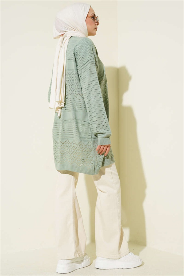 Patterned Openwork Basic Knit Cardigan, Light Green