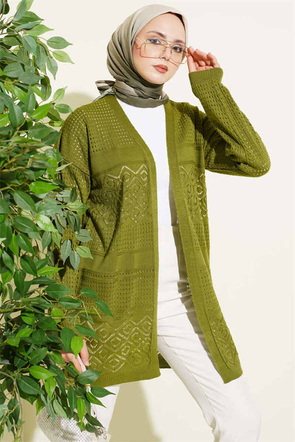 Patterned Openwork Basic Knit Cardigan Green