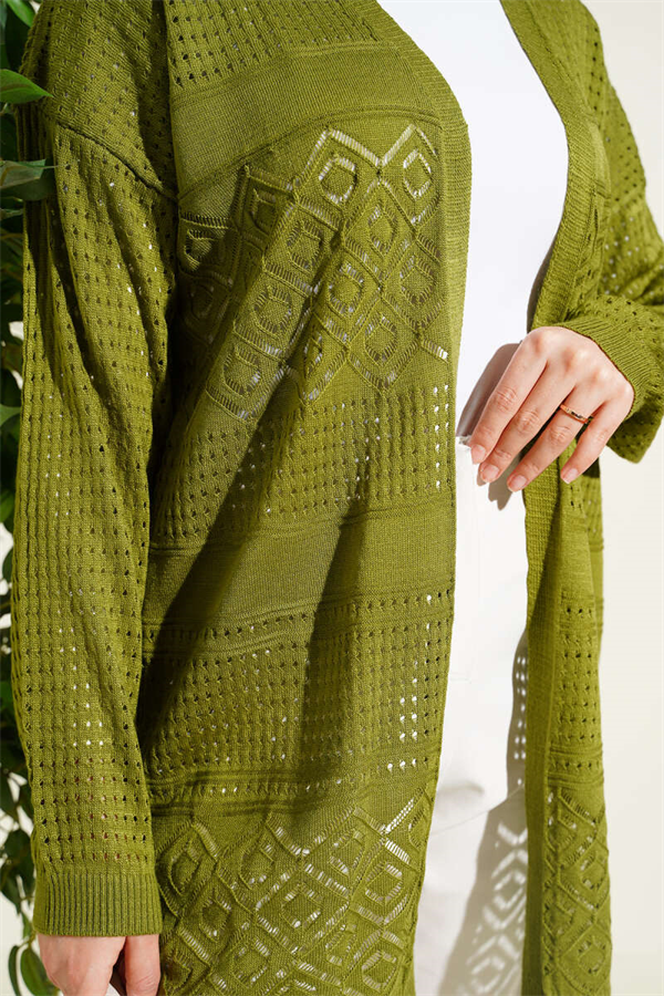 Patterned Openwork Basic Knit Cardigan Green