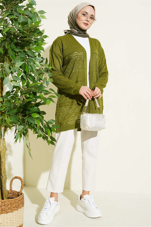 Patterned Openwork Basic Knit Cardigan Green