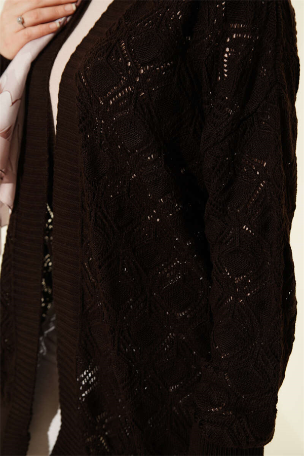 Patterned Openwork Knit Cardigan, Brown
