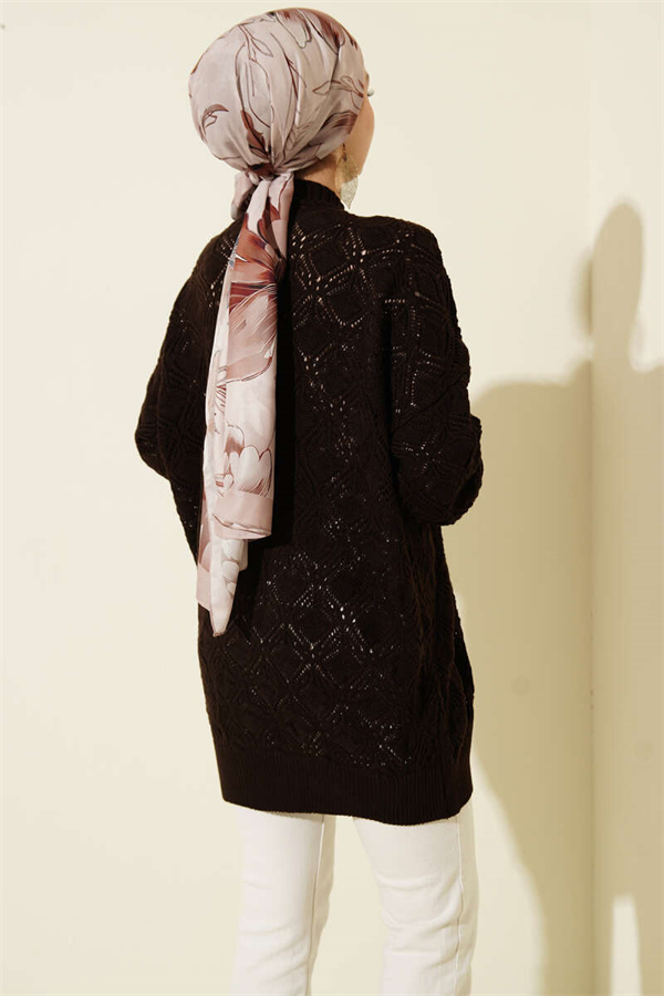 Patterned Openwork Knit Cardigan, Brown