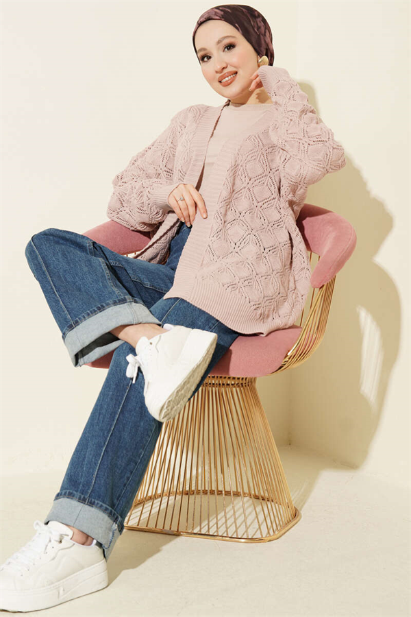 Patterned Openwork Knit Cardigan Powder Pink
