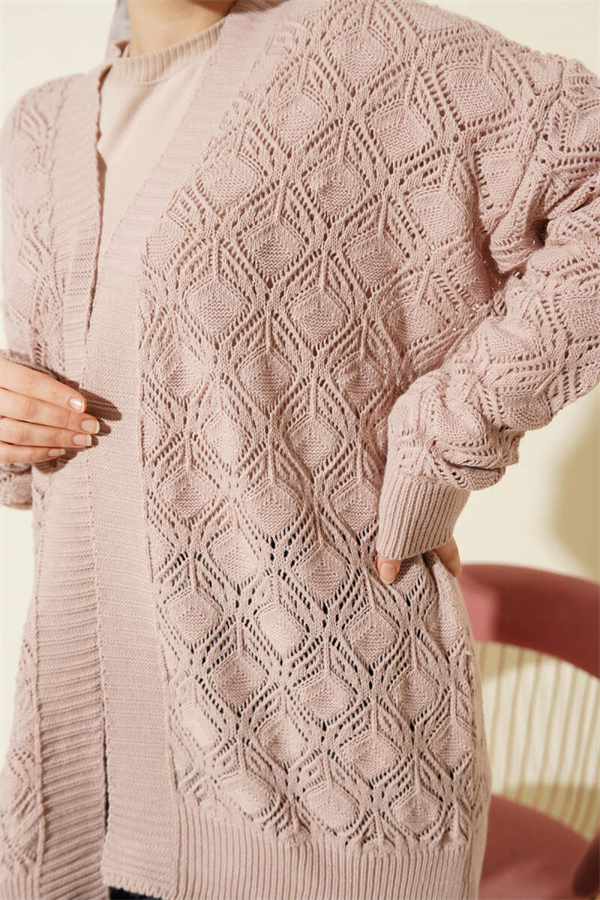Patterned Openwork Knit Cardigan Powder Pink