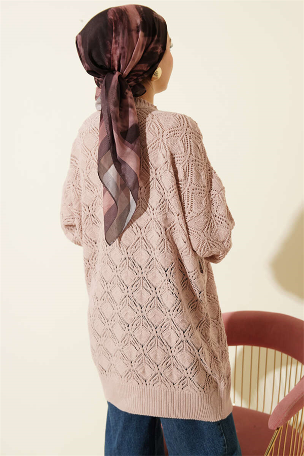 Patterned Openwork Knit Cardigan Powder Pink
