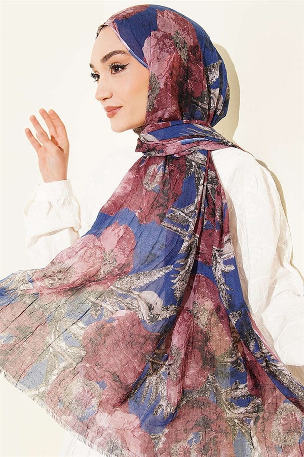 Patterned Aya Series Bamboo Crash Scarf Navy Blue