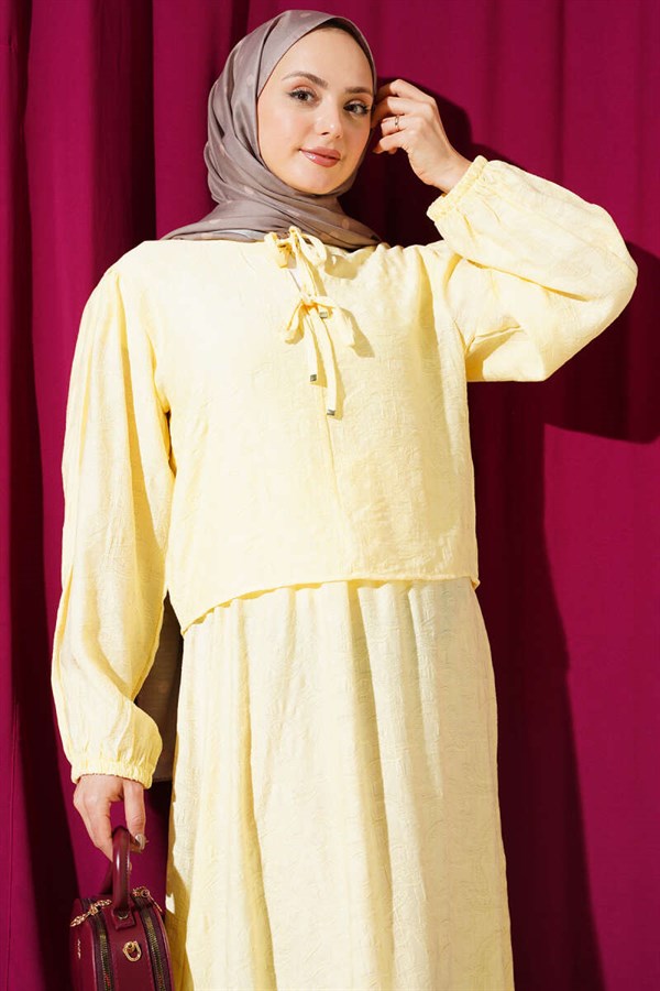 2 Piece Set with Patterned Tie-Detail Skirt, Yellow