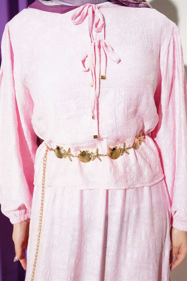 2 Piece Set with patterned skirt and tie detail, pink.