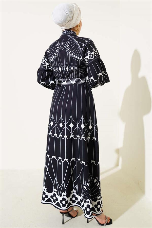 Ethnic Pattern Buttoned Belted Dress Saxe