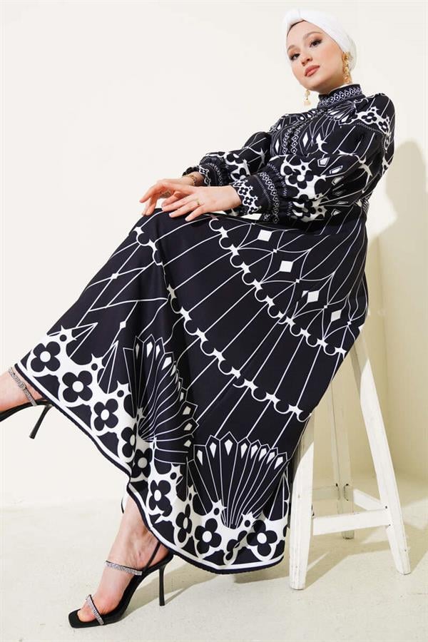 Ethnic Pattern Buttoned Belted Dress Saxe