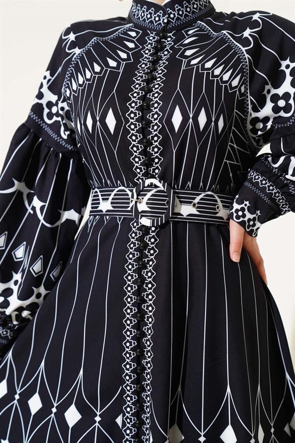 Ethnic Pattern Buttoned Belted Dress Saxe