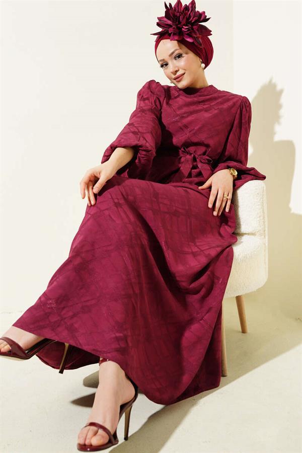 Patterned Balloon Sleeve Belted Jacquard Dress Burgundy