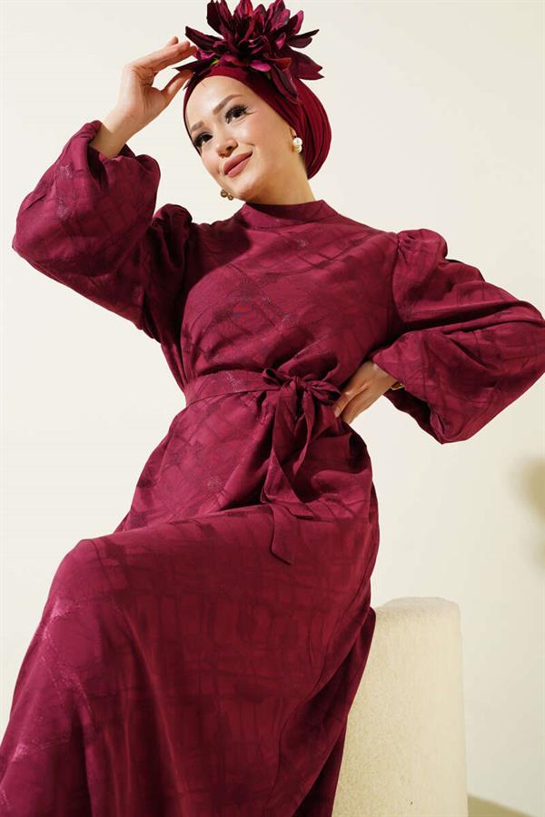 Patterned Balloon Sleeve Belted Jacquard Dress Burgundy