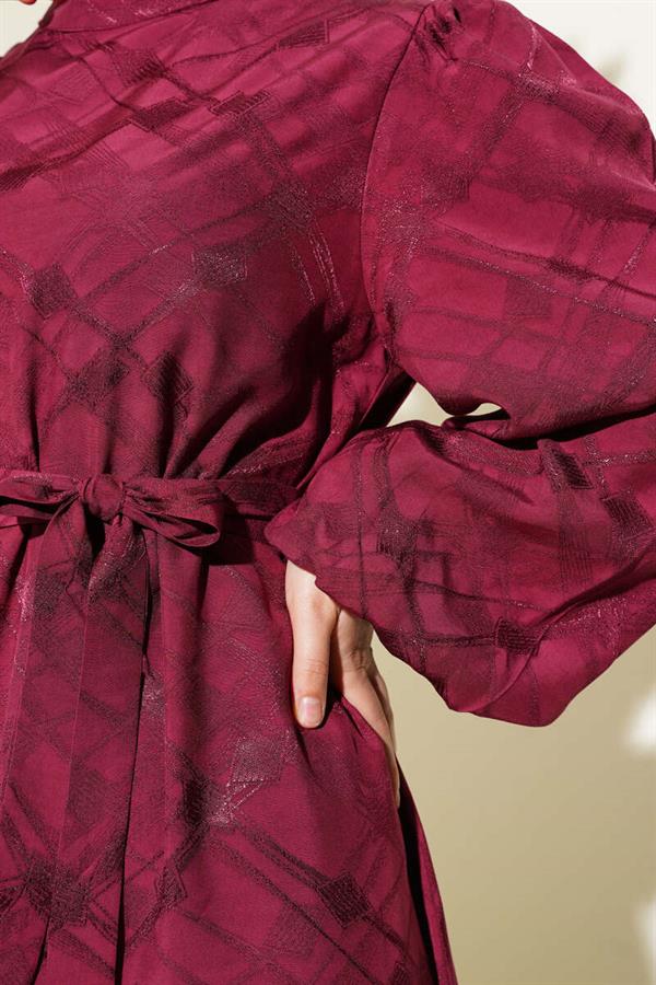 Patterned Balloon Sleeve Belted Jacquard Dress Burgundy