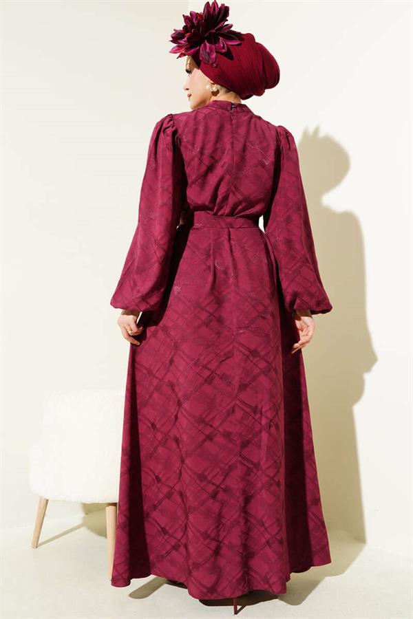 Patterned Balloon Sleeve Belted Jacquard Dress Burgundy