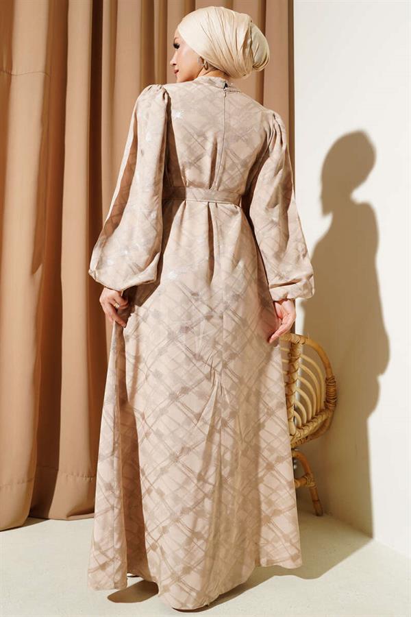 Patterned Balloon Sleeve Belted Jacquard Dress Beige