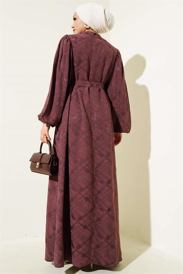 Patterned Balloon Sleeve Belted Jacquard Dress Brown