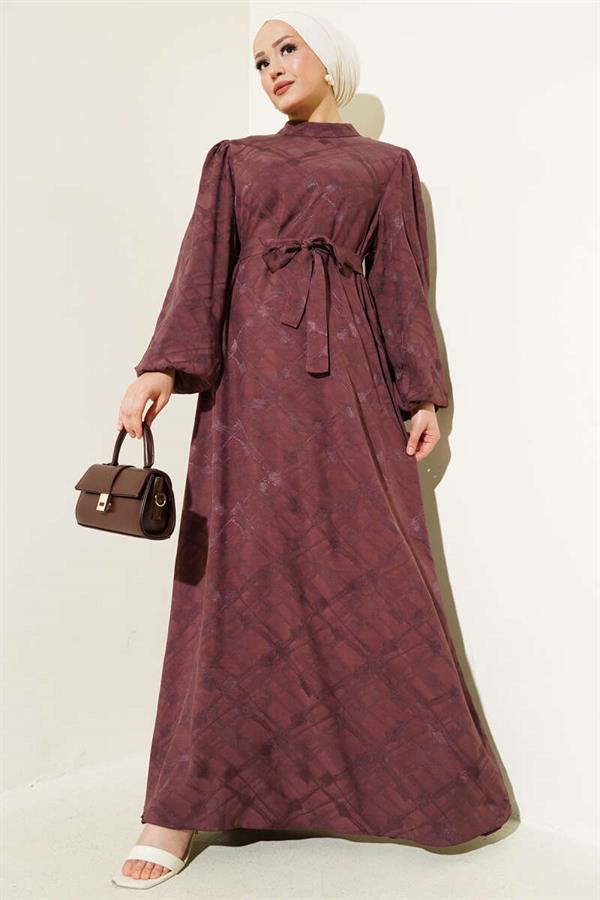 Patterned Balloon Sleeve Belted Jacquard Dress Brown