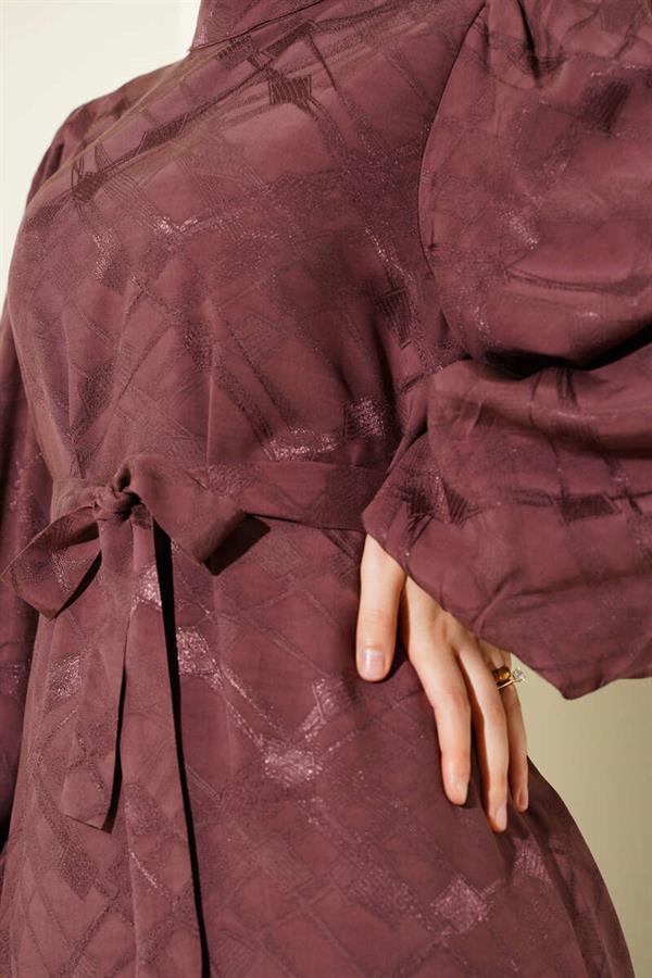 Patterned Balloon Sleeve Belted Jacquard Dress Brown